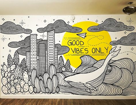 Mural Artist and Illustrator, Austin, TX- Murals — Avery O Design Austin Murals, Mural Cafe, Doodle Wall, Office Mural, Mural Artist, Line Doodles, Flower Mural, School Murals, Wall Murals Painted