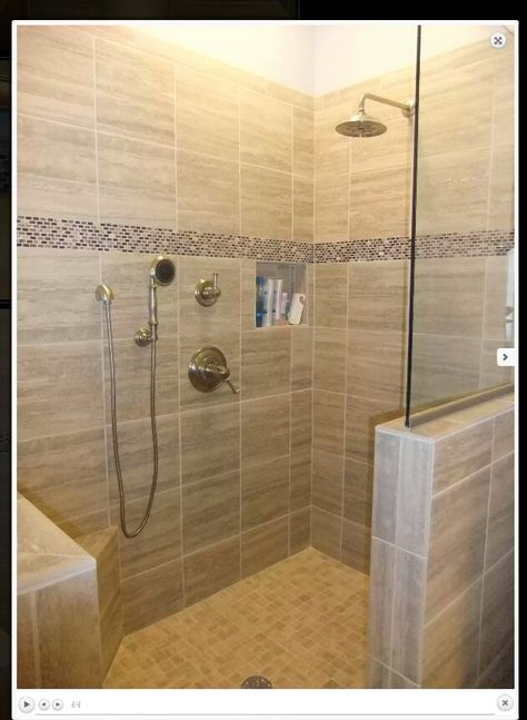 Walk in shower 1/2 wall and rain head with hand held Showers Without Doors, Makeover Kamar Mandi, Tile Walk In Shower, Doorless Shower, Small Bathroom With Shower, Bath Makeover, Bathroom Shower Design, Accessible Bathroom, Master Shower