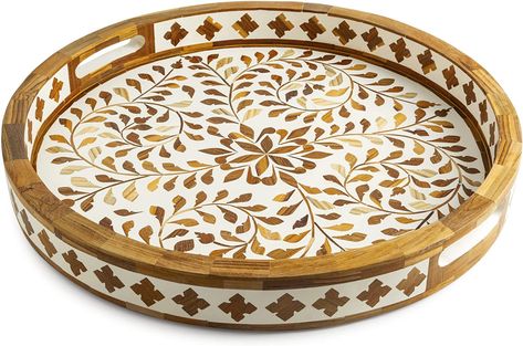 Handcraftsmanship & variations in the color, weight and veining of natural wood makes each of our decorative trays, a singular work of art. Handcrafted with love by skilled artisans in rural India using high quality, ethically sourced wood chips in a pleasing teak color. Chic decoration tray with real inlay work & not just a paint job, a beautiful handcrafted addition to your beautiful home or office. Resin Serving Tray, Bone Inlay Tray, Bone Inlay Mirror, Bone Inlay Furniture, Inlay Furniture, Wood Chips, Round Tray, Dark Olive Green, Wood Inlay