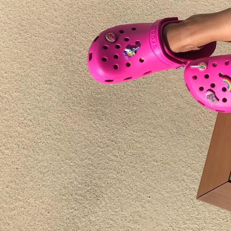 Hot Pink Crocs With Jibbitz, Hot Pink Crocs Outfit, Pink Crocs Outfit, Hot Pink Crocs, Crocs With Jibbitz, Crocs Outfit, Pink Crocs, Hot Pink, Sandals