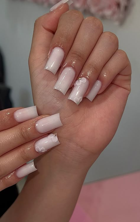 Nail With One Design, Simple But Effective Nails, Nail Ideas Square White, White Milky French Nails, Graduation Nails Natural, Mikey White Nails, Nail Inspiration Charms, Simple Sets Nails, Milk White Acrylic Nails With Design