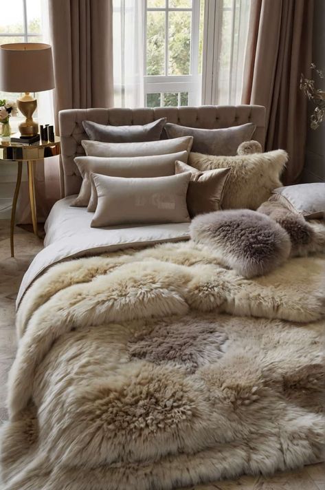 bedroom rug ideas with luxurious textures add opulence 1 Bedroom Rug Ideas, Scandinavian Dining Table, Ideal Bedroom, Bedroom Vibes, Fur Bedding, Cabinet Options, Scandinavian Dining, Room Cozy, Bedrooms Decor