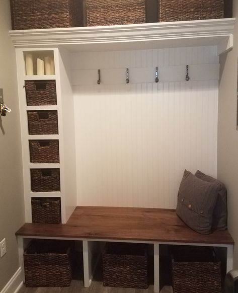 Industrial Mudroom Ideas, Industrial Farmhouse Mudroom, Industrial Mudroom, Mudroom Bench Shiplap, Mudroom With Backpack Hooks And Shoe Baskets, Farmhouse Mudroom Cubbies, Mudroom Locker Width, Farmhouse Mudroom, Closet Redo