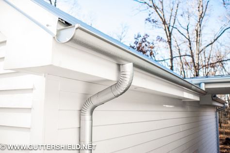 pretty gutters Galvanized Gutters, Gutters And Downspouts, Gutter Protection, Cleaning Gutters, Standing Seam, Metal Roof, Lake House, White House, Blinds