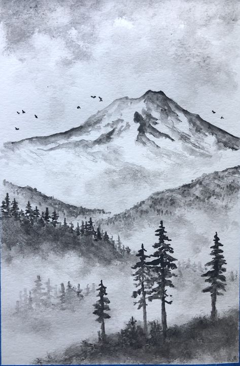 Pencil Drawings Mountains, Simple Forest Landscape Drawing, Charcoal Drawing Mountains, Mountain Landscape Sketch, Mountains And Trees Drawing, Landscape Drawings Mountain, Mountains Landscape Drawing, Mountain Drawing Realistic, Nature Pictures Drawing Pencil