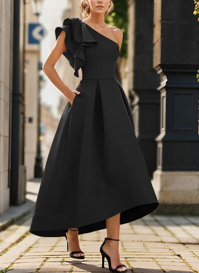 A-Line One-Shoulder Sleeveless Asymmetrical Satin Mother Of The Bride Dresses Mother Of The Bride Outfits, Black Couture Dress, Black Bridal Dresses, Mother Of The Bride Fashion, Dress Pin, Prom Dress Inspiration, Evening Dresses For Weddings, Wedding Attire Guest, Mothers Dresses