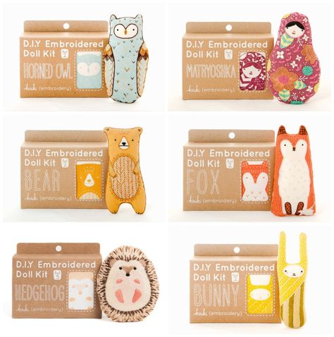 CUTE ANIMAL DIY EMBROIDERY KITS FROM KIRIKI PRESS                                                                                                                                                                                 More Diy Kits Packaging, Diy Doll Kit, Eco Friendly Packaging Design, Kids Packaging, Toy Packaging, Diy Embroidery Kit, Craft Packaging, Toy Art, Diy Craft Kits