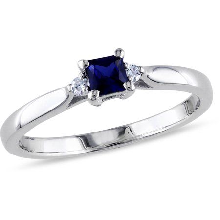 Tangelo 1/3 Carat T.G.W. Princess-Cut Created Blue Sapphire and Diamond-Accent Sterling Silver Engagement Ring Blue Sapphire Promise Ring, Sapphire Promise Rings, Blue Sapphire Diamond Ring, Sapphire Cocktail Ring, Sterling Silver Promise Rings, Peoples Jewellers, Stylish Rings, Blue Sapphire Diamond, Sterling Silver Engagement Rings