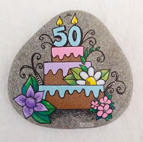 50th Birthday rock by special request. I was given colors and a basic idea of what to paint and this is what I came up with!😊 Painted with… Birthday Rock Painting Ideas, Happy Birthday Painting, Birthday Decoration Ideas, What To Paint, Drawing Rocks, Birthday Painting, Birthday Stone, Garden Rock Art, Painting Birthday