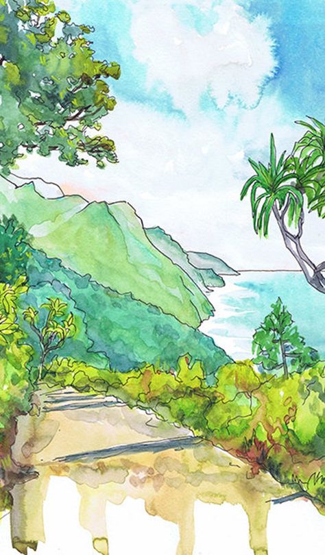 Kauai Art Hawaii Wall Art Coastal Beach Print Watercolor image 8 Kauai Art, Hawaii Painting, Hawaii Landscape, Hawaii Wall Art, Hawaii Pictures, Waterfall Paintings, Hawaii Art, Wall Art Coastal, Lake Art