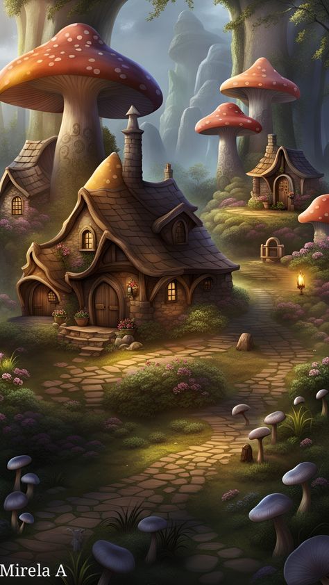 Mushroom House Wallpaper, Fairy Land Drawing, Mushroom House Painting, Mushroom House Drawing, Mushroom Fae, Fairy House Drawing, Fairytale Mushroom, Mushroom City, Mushroom Land