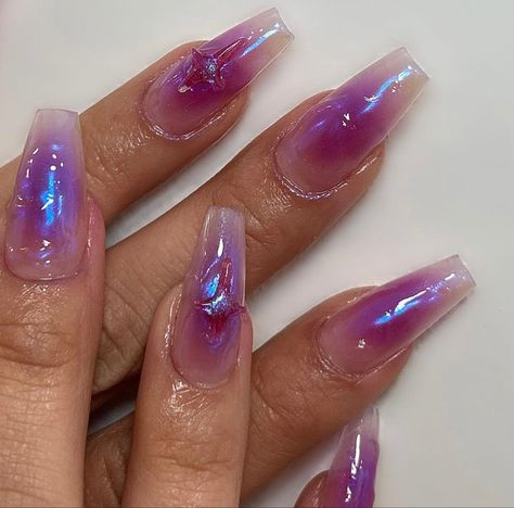 Magenta Aura, Purple Chrome Nails, Magenta Nails, Acrylic Nail Designs Coffin, 3d Stars, Airbrush Nails, Claw Nails, Purple Nail, Almond Acrylic Nails