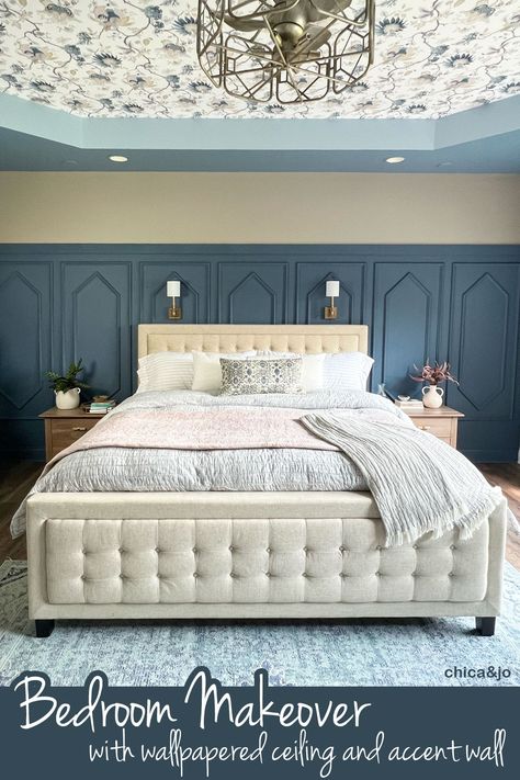 Bedroom with Accent Wall and Wallpapered Tray Ceiling Trey Ceiling Ideas Bedroom, Bedroom Moulding, Tray Ceiling Ideas Bedroom, Painted Tray Ceilings, Angled Ceiling Bedroom, Bedroom With Accent Wall, Moulding Wallpaper, Bedroom Ceiling Wallpaper, Beadboard Bedroom