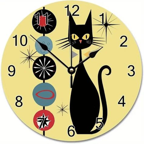 Retro Century Wall Clock Modern Cool Cat Clocks 10 Inch Silent Non Ticking Battery Operated Round Wall Clock Retro Rustic Style Hanging Clock For Home Office Size - Home & Kitchen - Temu Atomic Retro, Mid Century Wall Clock, Atomic Era, Cat Clock, Black Numbers, Retro Wall Clock, Halloween Table Decorations, Gift Making, Hanging Clock