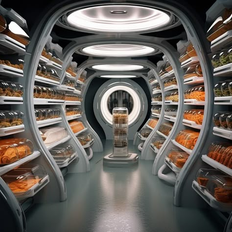 Futuristic Bunker, Sci Fi Spaceship Interior, Futuristic Food, Warehouse Interior, Scifi Interior, Future Technology Concept, Scottish Homes, Spaceship Interior, Farm Plans