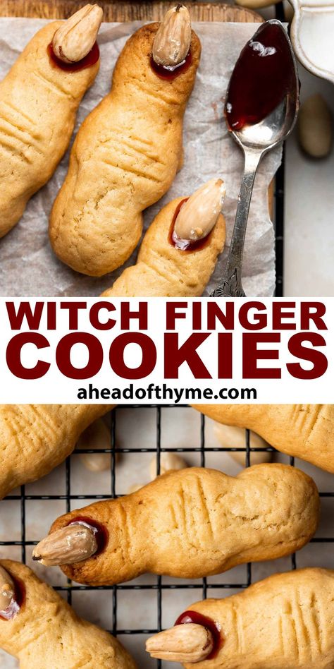 Get your cauldron bubbling, these creepy Witch Finger Cookies are here to stir up some Halloween fun. Made with a buttery, shortbread-like base and decorated with jam and almonds, these cookies are delicious. Plus, they're easier to make than you think! Witch Fingers are the perfect treat to serve at a Halloween party, include in your kid’s lunchboxes, or to make for a fun family activity this fall. | aheadofthyme.com #witchfingercookies #witchfingers #halloweencookies via @aheadofthyme Witch Fingers, Witch Finger Cookies, Creepy Witch, Finger Cookies, Cookies Halloween, Witches Fingers, Inner Witch, Spooky Treats, Blanched Almonds