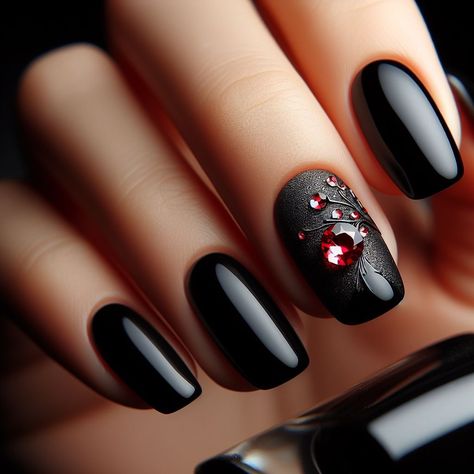 Black nails adorned with a shimmering red rhinestone Black Nail Art, Black Nail, Red Rhinestone, Valentine's Day Nails, Black Nails, Valentine Gifts, Nail Art, Valentines, Nails