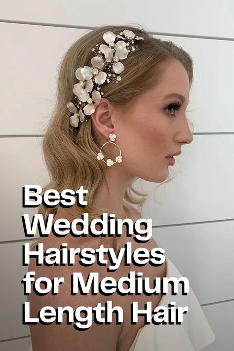 40 of the Best Wedding Hairstyles for Medium-Length Hair Mid Length Glam Hair, Medium Length Haircut Wedding, Wedding Styles For Medium Length Hair, Shoulder Length Bride Hair, Medium Short Wedding Hairstyles, Wedding Hair Styles For Medium Hair, Medium Length Wedding Hair All Down, Bridal Hair Medium, Wedding Hairstyles For Mid Length Hair