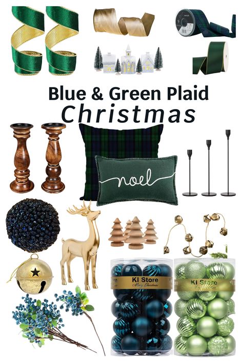 Create a cozy and casual feel with this Blue and Green Plaid Christmas decor including gold accents and warm wood tones. Green Plaid Christmas Decor, Blue And Green Plaid Christmas, Green And Blue Christmas Tree, Blue And Green Christmas Tree, Green And Blue Christmas, Brighton Christmas, Amazon Christmas Decor, Woodland Christmas Theme, Amazon Christmas Decorations