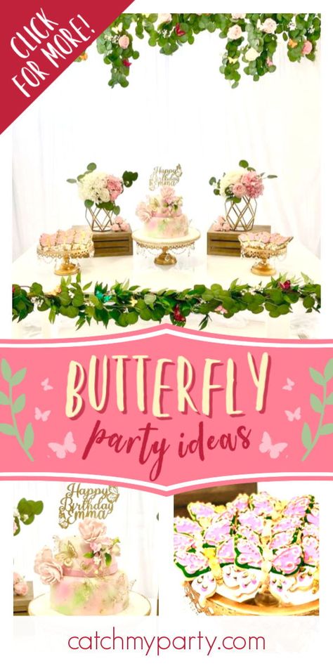 Feast your eyes on this magical butterfly birthday party! The cookies are stunning! See more party ideas and share yours at CatchMyParty.com  #catchmyparty #partyideas #butterfly #butterflyparty #girlbirthdayparty Butterfly Party Activities, Butterfly Tea Party, Magical Butterfly, Butterfly Garden Party, 75th Birthday Parties, Butterfly Tea, Girls Birthday Party Themes, Butterfly Birthday Party, Garden Cakes