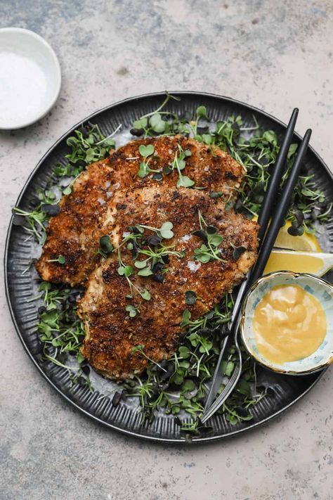 Pecan Crusted Chicken | Well Seasoned Studio Panko Crusted Chicken, Pecan Crusted Chicken, Crusted Chicken Recipes, Panko Chicken, Breaded Chicken Cutlets, Homemade Honey Mustard, Pecan Chicken, Honey Dijon, Roasted Brussel