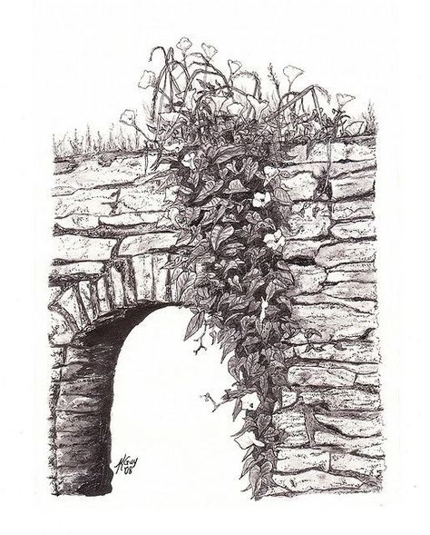 Ivy Tattoos, Stone Drawing, Musical Design, Stone Archway, Landscape Pencil Drawings, How To Sketch, Pen Art Drawings, Stone Arch, Architecture Drawing Art