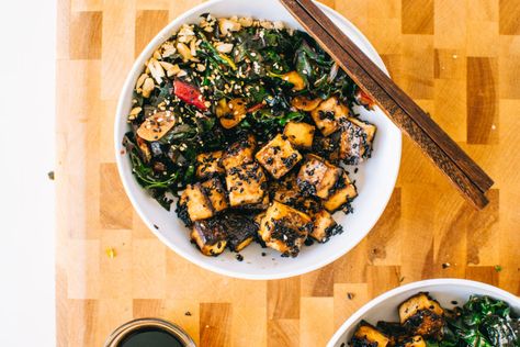 CRISPY BLACK SESAME TOFU BOWL WITH SHICHIMI TOGARASHI GREENS. Very Tiny Kitchen, Japanese Spices, Tofu Bowl, Shichimi Togarashi, Sesame Tofu, How To Cook Greens, Sauteed Greens, Bean Curd, Black Sesame