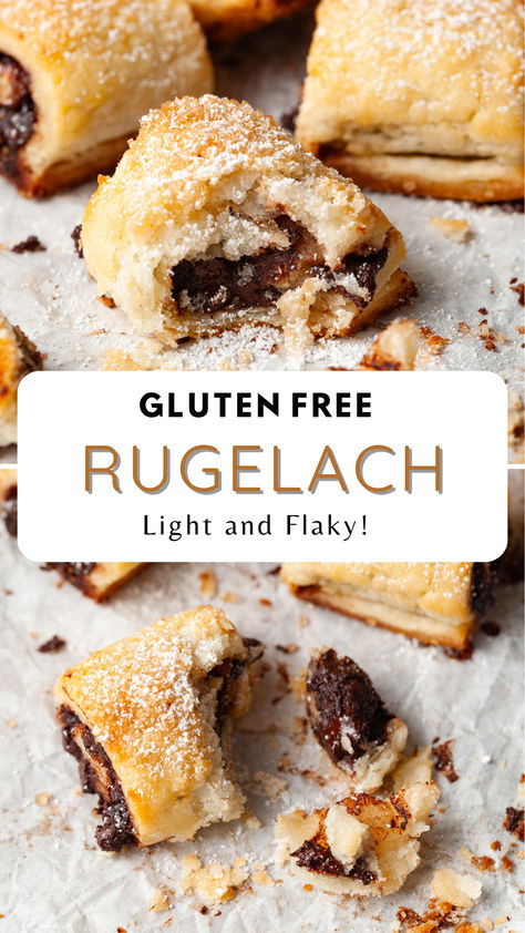 Rugelach, pronounced "roo-guh-luhkh" or "ruh-guh-lahkh," are a traditional Jewish pastry that originated in Eastern Europe. With a light, flaky texture and a delectable chocolate filling, these gluten free chocolate rugelach will be hard to resist. Gluten Free Polish Desserts, Gluten Free Kolache Recipe, Gluten Free Alfajores Recipe, Gluten Free Pastry Recipes, Gluten Free Rugelach Recipe, Gluten Free Pastries, Gluten Free Pies Recipes, Chocolate Rugelach, Gluten Free Christmas Cookies