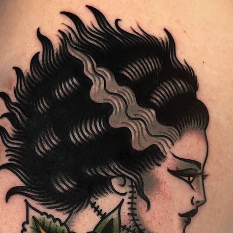 K y l e M a c K e n z i e on Instagram: "The bride #traditionaltattoo #traditionaltattoos #tattoo #tattoos #tattoosofinstagram #fyp #foryoupage #traditionalartist #tradworkerssubmission #skinart_traditional #frankenstein #thebrideoffrankenstein #itsalive #drfrankenstein" American Traditional Bride Of Frankenstein Tattoo, American Traditional Frankenstein Tattoo, Frankensteins Bride Tattoo, Frankenstein Traditional Tattoo, Bram Stokers Dracula Tattoo, Bride Of Frankenstein Tattoo Traditional, Lisa Frankenstein Tattoo, Vampire Traditional Tattoo, Vampire Lady Tattoo