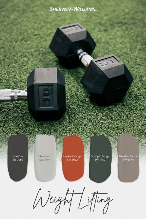 Home Gym Color Palette, Gym Room Paint Wall Colors, Home Gym Paint Colors Sherwin Williams, Basement Gym Paint Colors, Home Gym Colors Paint, Gym Color Palette, Home Gym Paint Colors, Warm Neutral Paint Colors, House Upgrades