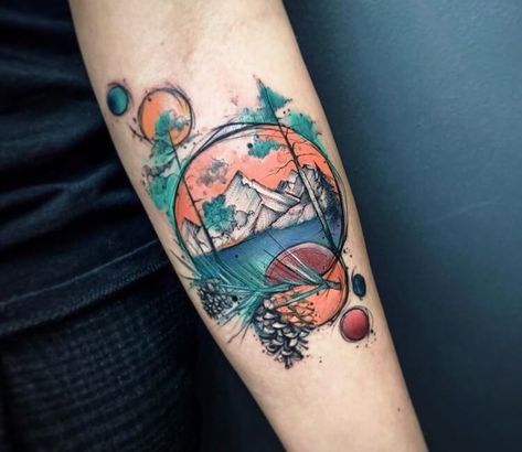 Earth Mountain Tattoo, Illustrative Color Tattoo, Watercolour Mountain Tattoo, Mountain Tattoo With Color, Mountain Color Tattoo, Mountainscape Tattoo, Colorful Nature Tattoos, Mountain Tattoo Color, Mountain Sunset Tattoo