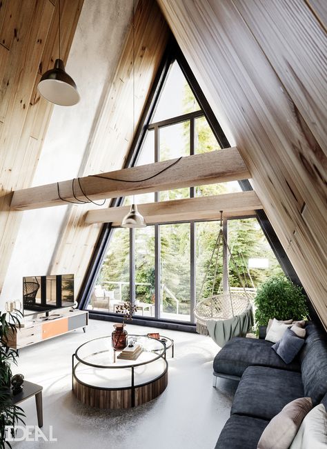 A-frame Interior, Interior Design Examples, Triangle House, A Frame Cabins, Minimal Interior, Minimal Interior Design, Loft Interior, A Frame House Plans, Frame Cabin