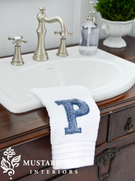 Bathroom Vanity Wooden Cornice, Monogrammed Bath Towels, Stripping Furniture, The Letter P, Diy Monogram, Miss Mustard Seed, Dresser Top, Monogram Towels, Embroidery Monogram