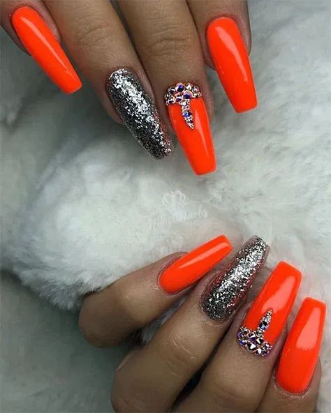 Bright Orange and Silver Nails Silver Orange Nails, Orange And Silver Nails, Orange Nail Art Designs, Orange Nail Design, Red Orange Nails, Lilac Nails Design, Neon Orange Nails, Orange Nail Art, Orange And Silver