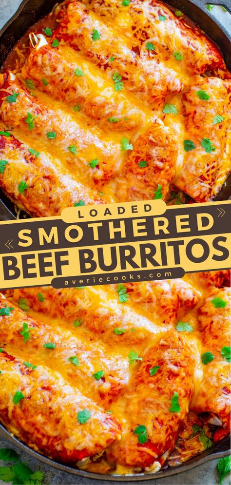 Smothered Beef Burritos Recipe (Easy to Make & Freeze!) - Averie Cooks Beefy 5 Layer Burrito Recipe, Semi Healthy Dinners, Burito Recipes, Ground Beef Burritos, Wet Burrito Recipes, Smothered Beef Burritos, Smothered Beef, Easy Burrito Recipe, Beef Burrito Recipe