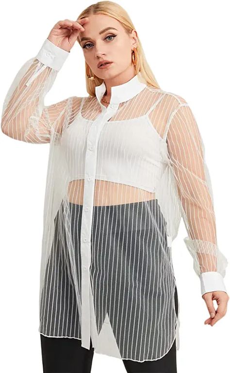 Romwe Women's Plus Sheer Mesh Long Sleeve Button Shirts See Through Blouses at Amazon Women’s Clothing store Button Up Under Sweater, White Mesh Shirt, White Striped Shirt Outfit, Sheer White Shirt, Mesh Button Up, Long Sleeve Blouses, Button Shirts, Sleeves Ideas, Mesh Shirt