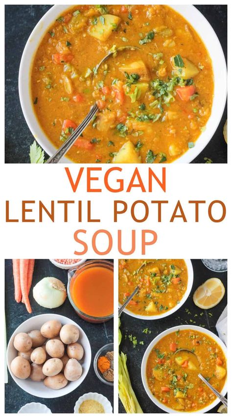 This easy Red Lentil Potato Soup is flavorful, nourishing, and budget-friendly. It's packed with protein, energizing carbohydrates, and anti-inflammatory spices. Ready in under 40 minutes, it's great for weeknight dinners and is the perfect dish to fill you up any time of year. Vegan Lentil Potato Soup, Coconut Sweet Potato Lentil Soup, Lentil Potato, Lentil Potato Soup, Vegan Potato Soup, Potato Corn Chowder, Vegan Mashed Potatoes, Vegan Lentil Soup, Anti Inflammation Recipes