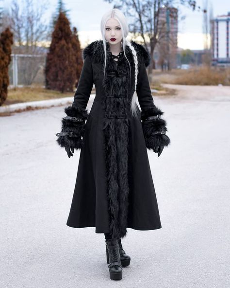 Anastasia E.G. on Instagram: “❄️👑❄️ *Details ⤵️ ▪️Coat from @devilnightuk (Reference: CT12601) #DevilNightUK #DevilNight #DevilFashion #gothic #goth #gothgoth…” Gothic Costume Outerwear For Winter, Alternative Long Coat For Costume, Vampire Style Winter Costume Outerwear, Gothic Winter Larp Outerwear, Gothic Winter Outerwear For Cosplay, Winter Costume Long Coat, Long Coat For Halloween, Winter Long Fur Coat With Feather Trim, Winter Costume Outerwear With Faux Fur Lining