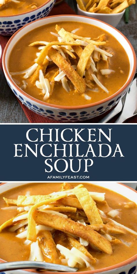 Our creamy Chicken Enchilada Soup is loaded with tender chunks of chicken in a thick, rich, zesty tomato-based broth that has tons of delicious flavor. Creamy Chicken Enchilada Soup, Creamy Chicken Tortilla Soup, Creamy Chicken Enchiladas, Soup Healthy, Soup Chicken, Vegetarian Soup Recipes, Chicken Enchilada Soup, Enchilada Soup, Recipes Soup