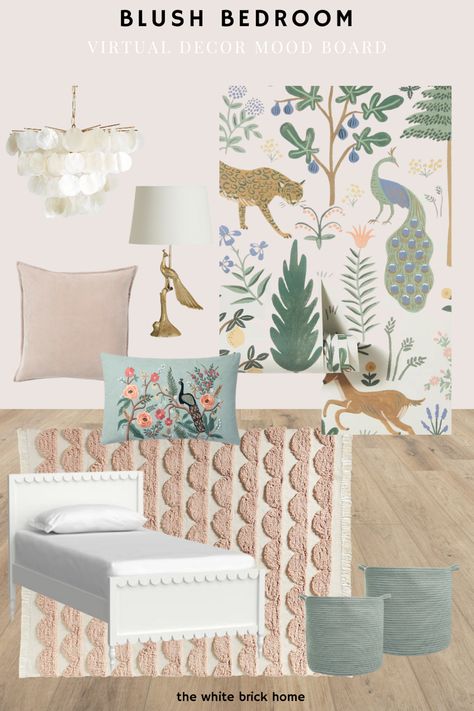 Blush bedroom ideas, blush bedroom decor ideas, girl bedroom wallpaper, girl bedroom ideas, girl bedroom designs for kids, girl bedroom aesthetic, floral wallpaper for girl, girl bedroom ideas for small rooms, girl bedroom rug, girl bedroom furniture, girl bedroom throw pillows Blush And White Bedroom, Peacock Bedroom Ideas Decor, Blush And Green Bedroom, Blush Bedroom Ideas, Girl Bedroom Wallpaper, White Bedroom Rug, Menagerie Wallpaper, Girl Bedroom Designs For Kids, White Girls Bedroom