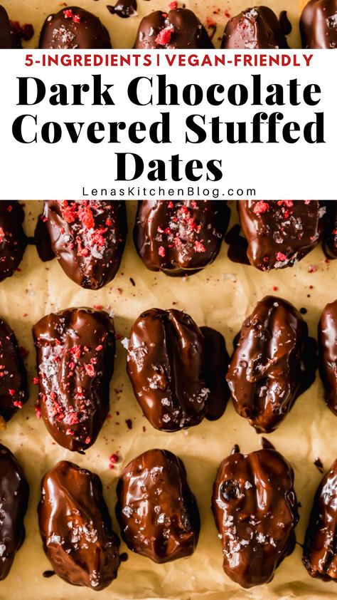 Dark Chocolate Covered Stuffed Dates are an easy no-bake dessert you can serve around the holidays or gift to friends. Stuffed with peanut butter and coated in a chocolate shell, these vegan and gluten free treats are easy to love. Chocolate Strawberry Desserts, Banana Waffles, Stuffed Dates, Dark Chocolate Almonds, Yummy Healthy Snacks, Easy No Bake Desserts, Gluten Free Treats, Healthy Chocolate, 5 Ingredient