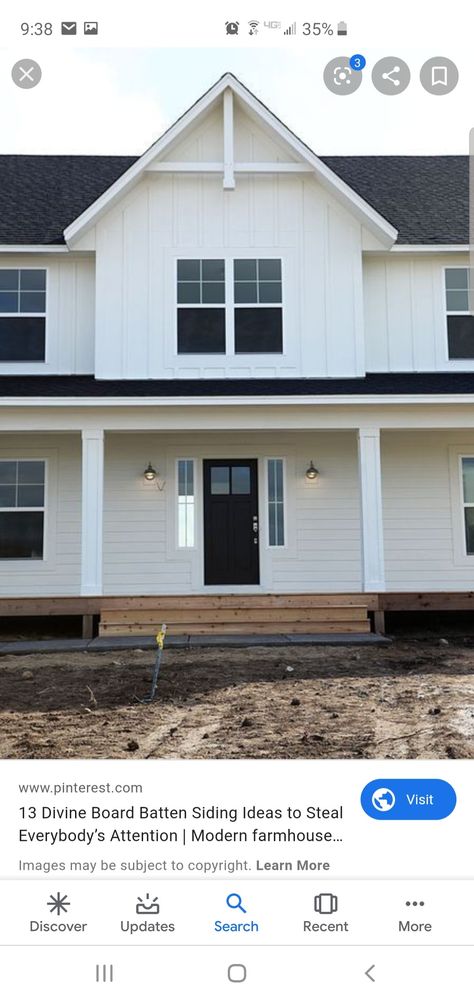 Board and batten on top, vinyl on bottom Board And Batton Siding, Old Farmhouse Exterior, White Vinyl Siding, Board And Batten Exterior, Clapboard Siding, Board And Batten Siding, Cape Cod House, White Windows, White Farmhouse