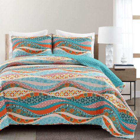 Bohemian Style Quilts, Wave Quilt, Bed Night, Watercolor Wave, Cotton Quilt Set, Maximalist Style, Lush Decor, Orange And Turquoise, King Quilt