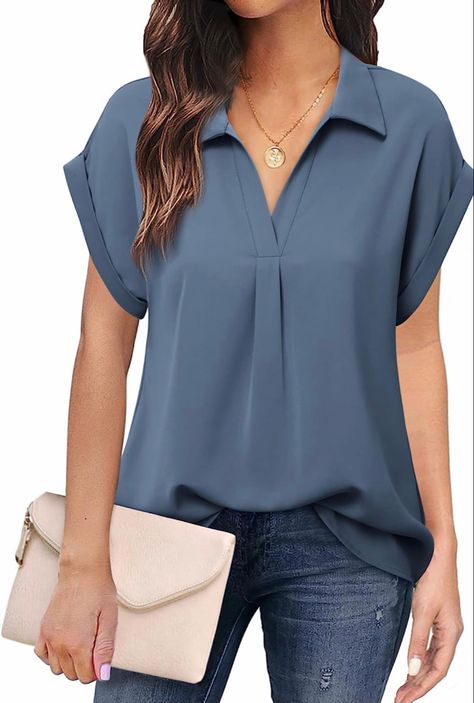 Ladies Shirt Design, Top Designs For Women, Summer Business Casual, Short Sleeve Blouses, Ladies Tops Blouses, Business Casual Top, Business Casual Summer, Fashion Top Outfits, Casual Tops For Women