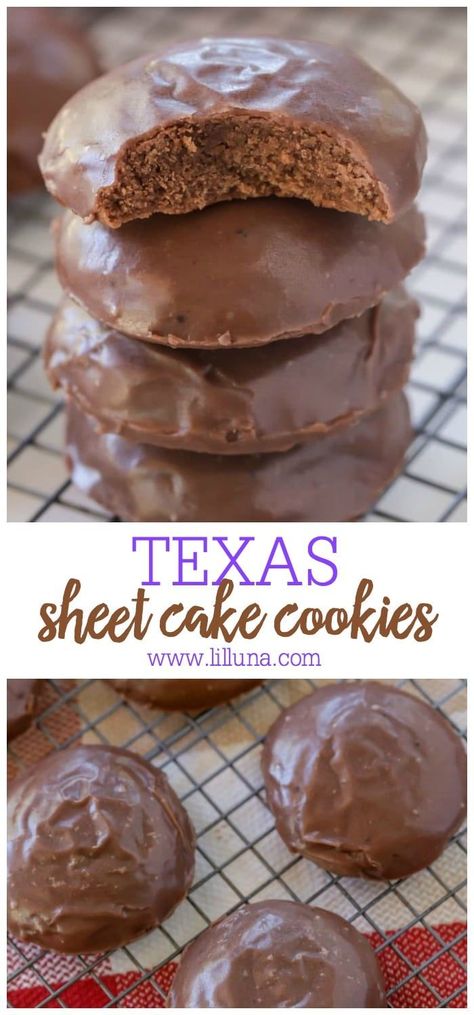 One of our favorite desserts in cookie form. These Texas Sheet Cake cookies are soft, delicious and taste just like cake. They're great for get togethers and holidays! #texassheetcakecookies #texassheetcake #sheetcakecookies Sheet Cake Cookies, Texas Sheet Cake Cookies, Texas Sheet, Texas Sheet Cake, Chocolate Sheet Cake, Cookie Cake Recipe, Sheet Cake Recipes, Oreo Dessert, Savoury Cake