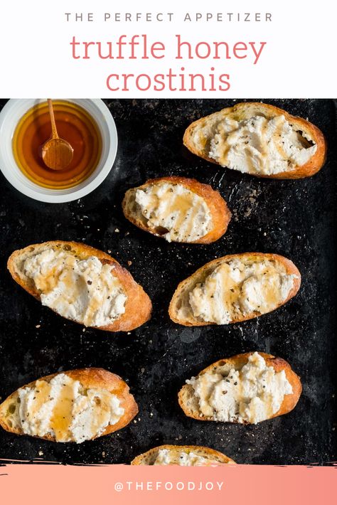 Easy, quick appetizer great for any party or holiday! These truffle honey ricotta crostinis are made dairy-free using almond milk ricotta! Ricotta Truffle Honey, Truffle Canape, Truffle Honey Recipes, Truffle Appetizers, Valentine's Appetizers, Truffle Ricotta, Tapas Buffet, Honey Ricotta, Mini Thanksgiving