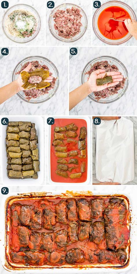 This recipe for Stuffed Grape Leaves is another one of my favorite popular Romanian recipes that I want to share with you. These grape leaves are stuffed with ground meat and rice, topped with a tomato sauce and baked to perfection. #stuffedgrapeleaves #stuffed #grapeleaves #romanian #sarmaluteinfoidevita Ground Meat And Rice, Grape Leaves Recipe, Romanian Recipes, Cypriot Food, Albanian Recipes, Stuffed Grape Leaves, Easy Mediterranean Diet Recipes, Mince Recipes, Sicilian Recipes