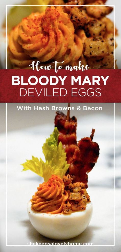 These Bloody Mary deviled eggs with bacon and mini hash-browns are a delicious 4-course brunch in a single bite! Easter Brunch Cocktails, Deviled Eggs With Bacon, Easter Brunch Buffet, Eggs With Bacon, Eggs Potatoes, Food Easter, Devilled Eggs Recipe Best, Easter Appetizers, Bacon Deviled Eggs