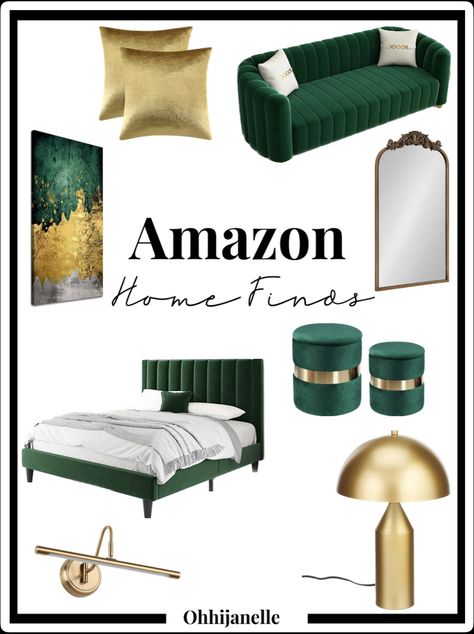 Emerald Green Home Aesthetic, Hunter Green Home Decor, Green Velvet Bed Bedroom Ideas, Dark Green Room With Gold Accents, Emerald Green Black And Gold Bedroom Ideas, Forest Green Gold Bedroom, Grey Green Gold Bedroom, Green And Gold Room Ideas Bedroom, Emerald Green Bedroom Decor Inspiration