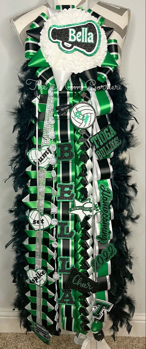 Green Black And White Homecoming Mum, Green And Black Homecoming Mums, Green And White Mums Homecoming, Green Mums Homecoming, Mum Ideas Homecoming, Mini Mums, Big Homecoming Mums, Hoco 2023, Hoco Mums